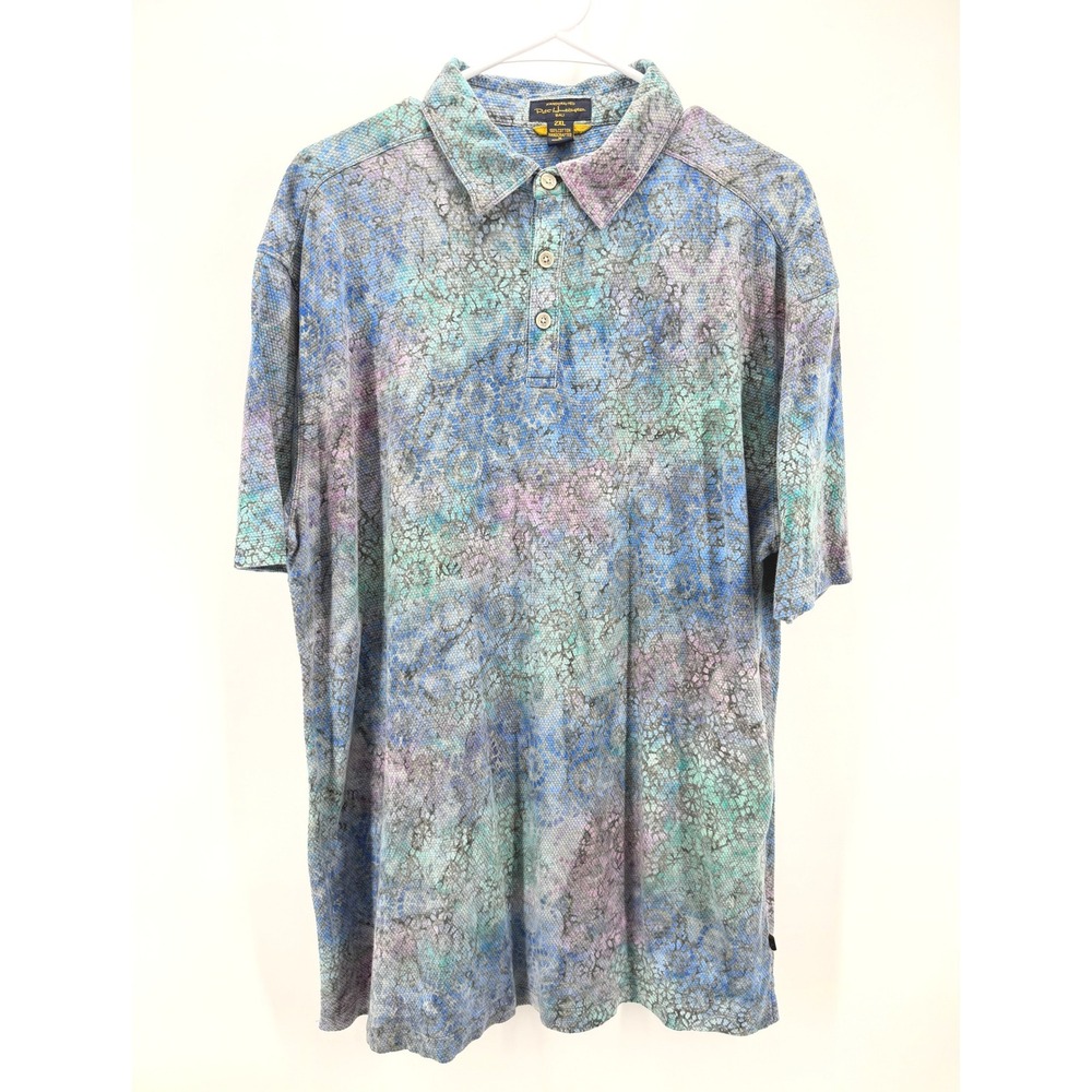 Pete Huntington Bali Polo Shirt Men 2XL Blue Batik Mosaic Cotton Hand Crafted